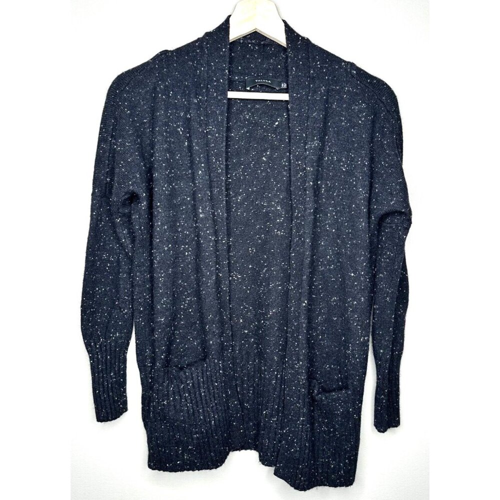 Aritzia Telula Womens Cardigan Sweater Speckled Open Front Ribbed Hem Black XXS